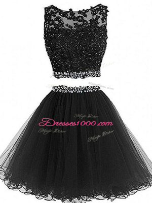 Black Zipper Prom Dress Beading and Lace and Appliques Sleeveless Mini Length