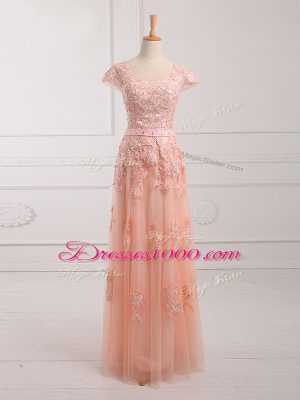 Flare Scoop Cap Sleeves Mother of Bride Dresses Floor Length Lace and Appliques and Belt Peach Tulle