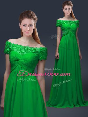 Cheap Short Sleeves Chiffon Floor Length Lace Up Mother Dresses in Green with Appliques