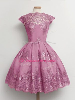 Edgy Lilac Cap Sleeves Lace Knee Length Quinceanera Court of Honor Dress