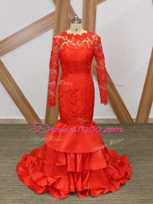 Taffeta Scoop Long Sleeves Backless Lace and Appliques Prom Party Dress in Red