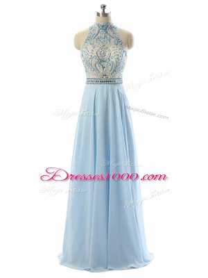 Light Blue Backless Evening Dresses Beading Sleeveless Floor Length