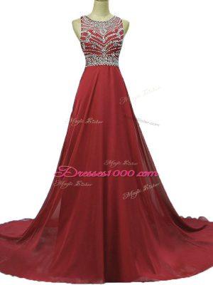 Burgundy Column/Sheath Beading Evening Gowns Backless Chiffon Sleeveless