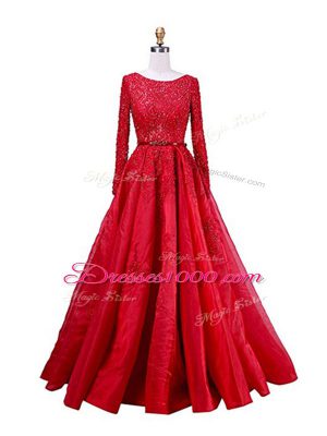 Beauteous Red Prom Gown Taffeta Brush Train Long Sleeves Beading and Lace