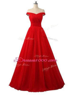 Sleeveless Tulle Floor Length Lace Up in Red with Ruching