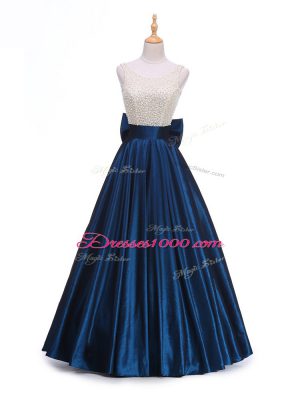 Unique Navy Blue Taffeta Backless Scoop Sleeveless Floor Length Evening Dress Beading and Bowknot