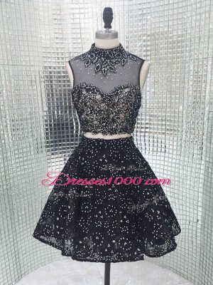 Black Backless Prom Gown Beading and Lace and Appliques Sleeveless Mini Length