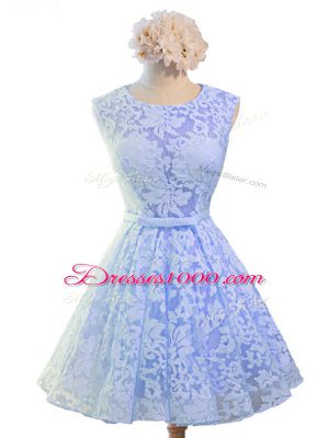 Best Lavender Sleeveless Knee Length Belt Lace Up Dama Dress for Quinceanera