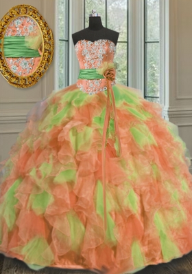 Glittering Organza Sweetheart Sleeveless Lace Up Beading and Ruffles and Sashes|ribbons Quinceanera Gowns in Multi-color