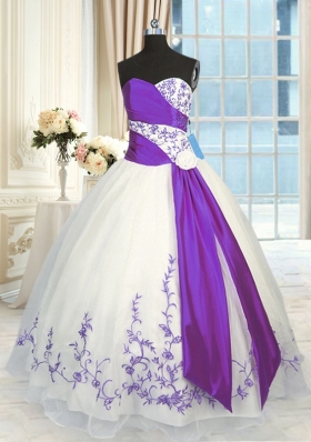 Glittering White And Purple Sweetheart Neckline Embroidery and Sashes|ribbons Quinceanera Dresses Sleeveless Lace Up