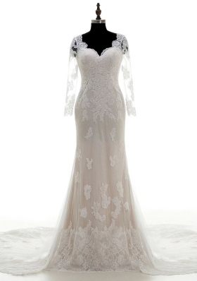 White Lace Clasp Handle V-neck 3|4 Length Sleeve With Train Wedding Dresses Court Train Lace and Appliques