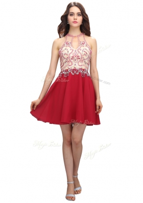 Mini Length Red Dress for Prom Chiffon Sleeveless Beading