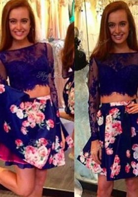 Multi-color A-line Lace Party Dress Zipper Satin Long Sleeves Mini Length