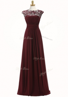 Pretty Scoop Sleeveless Prom Party Dress Floor Length Appliques Burgundy Chiffon