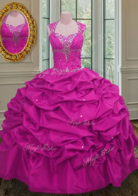 Fuchsia Straps Lace Up Beading and Pick Ups 15th Birthday Dress Cap Sleeves