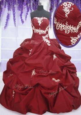 High End Wine Red Taffeta Lace Up Quince Ball Gowns Sleeveless Floor Length Appliques and Pick Ups