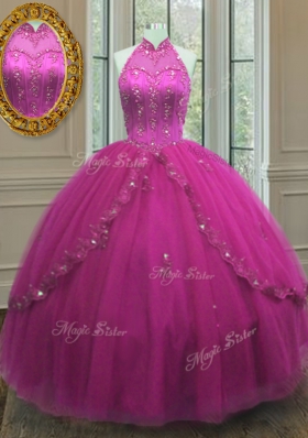 Ideal Fuchsia Tulle Lace Up High-neck Sleeveless Floor Length 15 Quinceanera Dress Beading and Appliques