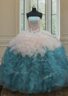 Strapless Sleeveless Quince Ball Gowns Floor Length Beading and Ruffles Blue And White Organza