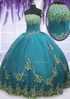 Teal Ball Gowns Appliques Ball Gown Prom Dress Zipper Tulle Sleeveless Floor Length