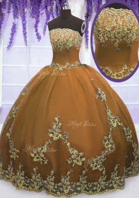 Wonderful Strapless Sleeveless Zipper Sweet 16 Dresses Brown Tulle