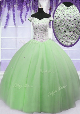 Beauteous Apple Green Ball Gowns Off The Shoulder Short Sleeves Tulle Floor Length Lace Up Beading Quinceanera Gown