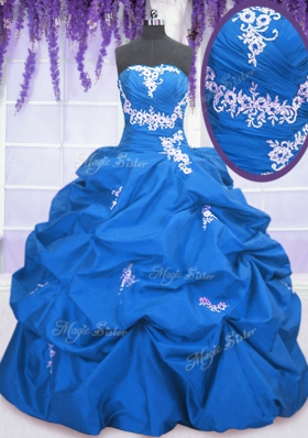 Blue Ball Gowns Taffeta Strapless Sleeveless Appliques and Pick Ups Floor Length Lace Up Quinceanera Dresses