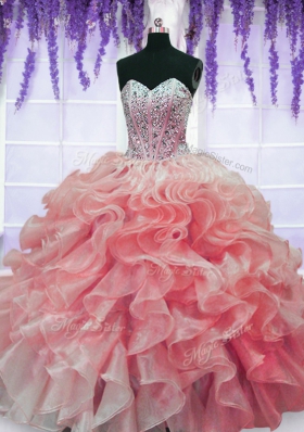 Customized Sweetheart Sleeveless Quince Ball Gowns Floor Length Beading and Ruffles Red Organza