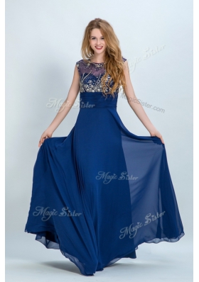 Elegant Floor Length Navy Blue Evening Wear Scoop Sleeveless Zipper
