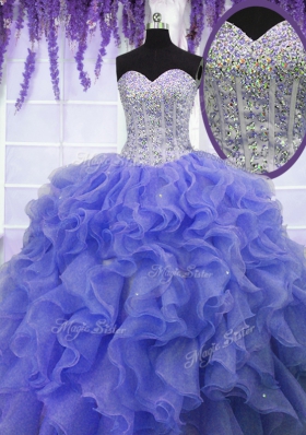 Fabulous Purple Sleeveless Ruffles and Sequins Floor Length Quinceanera Dress