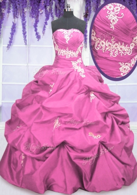 Floor Length Lace Up 15th Birthday Dress Rose Pink and In for Military Ball and Sweet 16 and Quinceanera with Appliques and Pick Ups