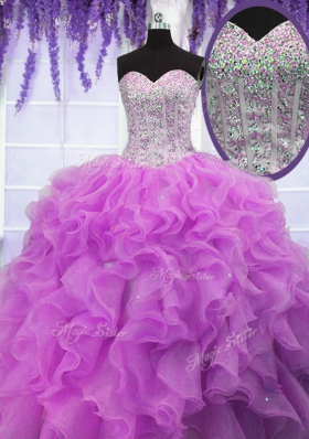 Fuchsia Lace Up Sweetheart Ruffles Quinceanera Gowns Organza Sleeveless