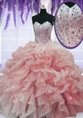 Watermelon Red Ball Gowns Organza Sweetheart Sleeveless Beading and Ruffles Floor Length Lace Up 15th Birthday Dress