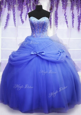 Blue Sleeveless Beading and Bowknot Floor Length Quinceanera Dress