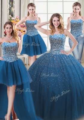 Classical Four Piece Teal Sleeveless Floor Length Beading Lace Up Ball Gown Prom Dress