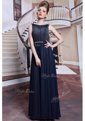 Elegant Floor Length Navy Blue Homecoming Dress Bateau Sleeveless Zipper