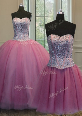 Exceptional Three Piece Ball Gowns Vestidos de Quinceanera Rose Pink Sweetheart Organza Sleeveless Floor Length Lace Up