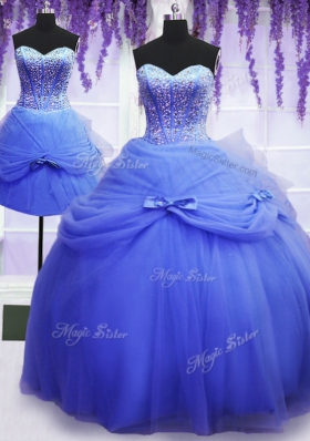 Fitting Three Piece Sleeveless Beading and Bowknot Lace Up Quince Ball Gowns