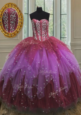 High Class Tulle Sweetheart Sleeveless Lace Up Beading and Ruffles and Sequins 15 Quinceanera Dress in Multi-color