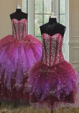 Low Price Three Piece Multi-color Ball Gowns Tulle Sweetheart Sleeveless Beading Floor Length Lace Up Sweet 16 Dresses
