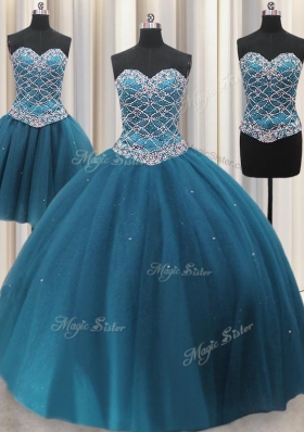 Three Piece Beading and Ruffles Quinceanera Dress Teal Lace Up Sleeveless Floor Length