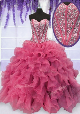 Fantastic Pink Sleeveless Floor Length Beading and Ruffles Lace Up Ball Gown Prom Dress