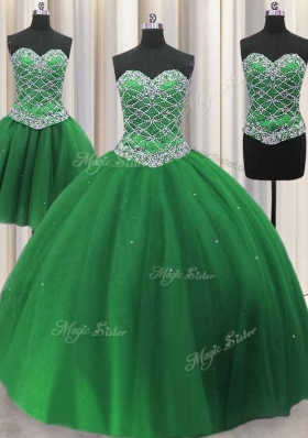 Flare Three Piece Green Tulle Lace Up Sweetheart Sleeveless Floor Length Sweet 16 Dresses Beading and Sequins