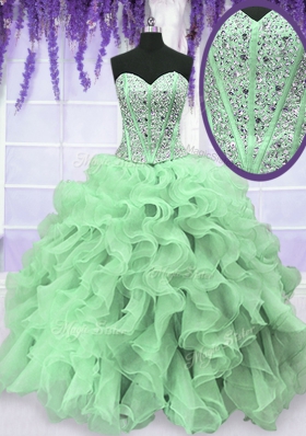 Modern Apple Green Organza Lace Up Sweetheart Sleeveless Floor Length Sweet 16 Quinceanera Dress Beading and Ruffles