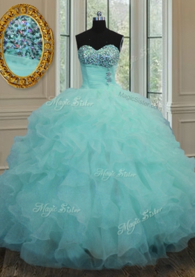 Aqua Blue Ball Gown Prom Dress Military Ball and Sweet 16 and Quinceanera and For with Beading and Ruffles Sweetheart Sleeveless Lace Up