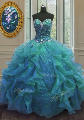 Blue Organza Lace Up Quinceanera Gown Sleeveless Floor Length Beading and Ruffles