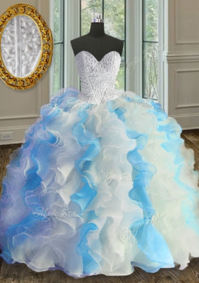 Floor Length Blue And White Quinceanera Gowns Sweetheart Sleeveless Lace Up