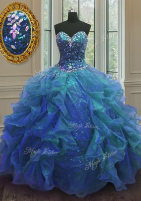 Floor Length Blue Quinceanera Gown Organza and Sequined Sleeveless Beading and Ruffles