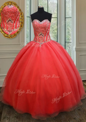 Floor Length Lace Up Sweet 16 Dress Coral Red and In for Military Ball and Sweet 16 and Quinceanera with Beading