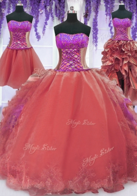 Four Piece Floor Length Watermelon Red 15 Quinceanera Dress Strapless Sleeveless Lace Up
