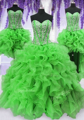 Four Piece Lace Up Quinceanera Gown Beading and Ruffles Sleeveless Floor Length